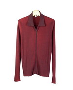 Women's silk cotton ribbed melange long sleeve zipper cardigan jacket.  This is a specially made melange sweater jacket with natural stretch.  It fits well and drapes well.  The melange colors make the sweater jacket easy to work with other colors.  The style matches all other styles in this group pictured below and five beautiful fall colors available for the collection.

Dry clean. Or handwash cold and lay flat to dry; Steam or press with steam to maintain silky and soft-touch of the sweater jacket.

DISPLAY PICTURE COLOR: PLUM/RED